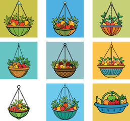 Cartoon Hanging Baskets With Assorted Fruits And Green Leaves Decorative Illustration