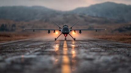 A sleek military drone stands ready for takeoff on a misty runway, showcasing advanced technology and strategic importance in modern aviation and defense applications.