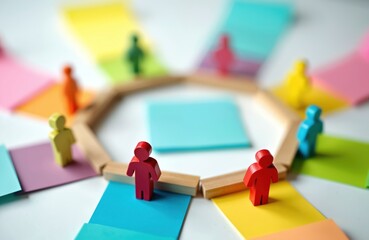 Teamwork, collaboration concept. Wooden figures represent diverse teams, colorful notes with paths symbolize effective communication. Creative, innovative business solutions, successful project