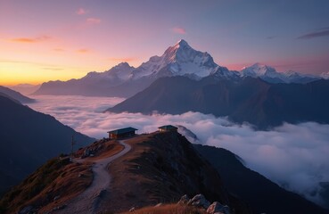 Spectacular view of Khopra Ridge during sunset. Dhaulagiri mountain rises above sea of clouds. Annapurna Sanctuary, Nepal. Hiking route, community operated lodge Khopra Danda. Travel adventure,