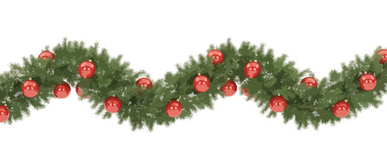 Christmas Garland with Red Ornaments and Snow