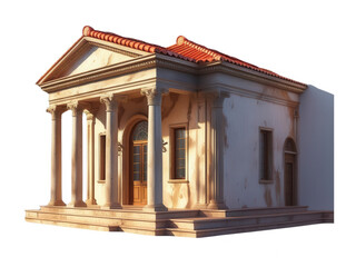 A meticulously detailed rendering of a classic Greek temple, showcasing its iconic columns, pediment, and terracotta roof tiles, isolated on transparent background, cut out, png