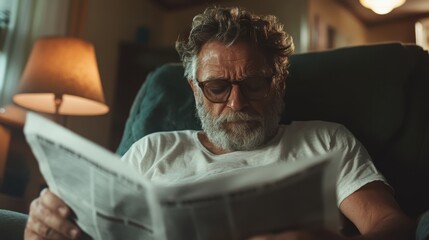 A contemplative image capturing a man engrossed in reading a newspaper in a cozy, well-lit room, embodying moments of relaxation and the joy of reading amidst life's hustle.