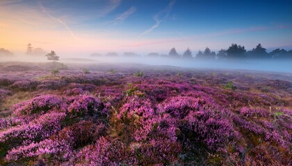 Fototapeta premium field fuul of heather flowers in morning fog