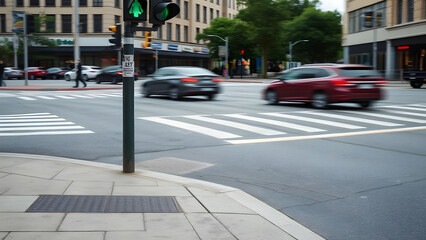 City Intersection with Traffic: A bustling urban intersection showcasing cars in motion, a pedestrian crossing, and traffic lights in a dynamic, realistic scene of modern city life.