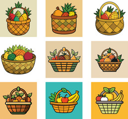 Assorted Fruit Basket Vector Collection With Pineapple Apples Oranges And Bananas Design