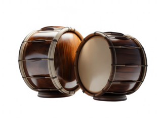 A pair of exquisitely crafted drums, showcasing rich wood grain and intricate detailing isolated on transparent background, cut out, png