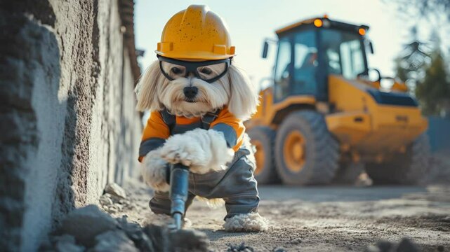 A construction dog in overalls, a helmet and glasses works at a construction site with a jackhammer. It destroys asphalt, against the background of construction equipment