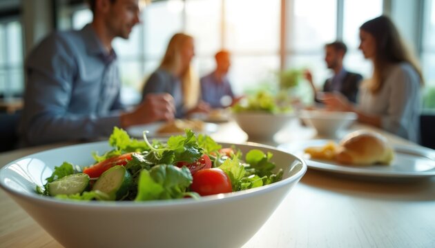 Modern office cafeteria scene coworkers sharing healthy lunch break. Diverse team in casual business attire eating fresh salad. Collaborative workplace, good food, positive teamwork, nutrition,