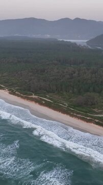 Florianopolis in Santa Catarina during a wonderful sunrise. Mo&ccedil;ambique Beach in aerial view, vertical video.