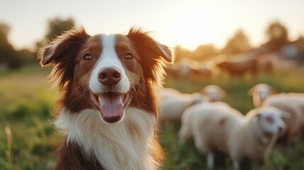 A cheerful dog smiles against a serene, sunlit backdrop filled with sheep, capturing the joy and companionship of animals in a picturesque farm setting.