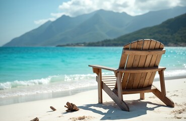 Weathered wooden beach chair on white sand, turquoise ocean, mountains in background. Peaceful vacation destination. Relaxation at sunny seaside resort on summer day. Idyllic tropical landscape.