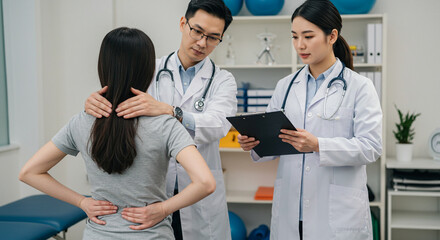 Healthcare professionals assessing patient's back pain in clinical setting