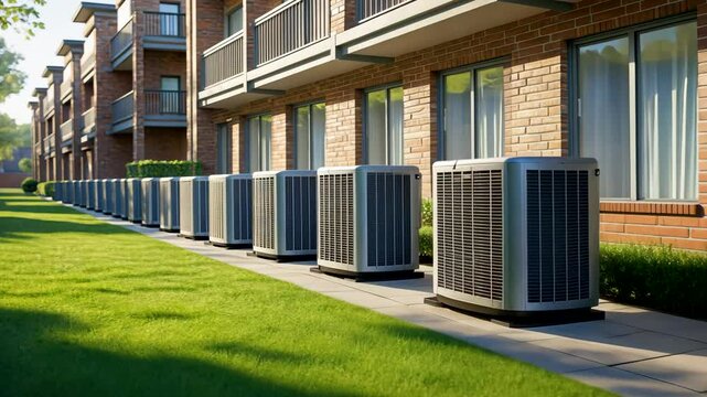 Outdoor Air Conditioning Units Installed Along Apartment Building