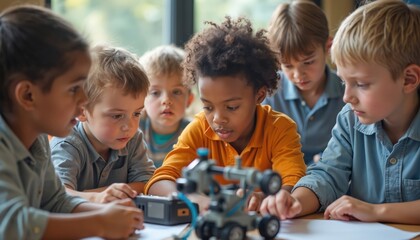Group of diverse students collaborate, working on robotics project. Children building, coding robots at STEM classroom on STEM day. Students focused on innovation learning engineering technology at