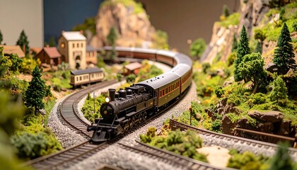 Fototapeta premium Miniature Model Train Traveling Through a Scenic Landscape with Buildings and Trees