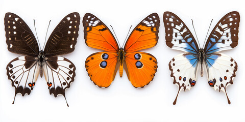 Naklejka premium Three beautiful butterflies with intricate patterns and vibrant colors on a white background.