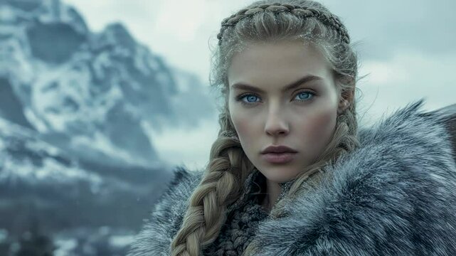 Beautiful blonde viking woman with braided hair and blue eyes, wearing a fur coat, stands in a snowy mountain landscape, her gaze fixed on the camera