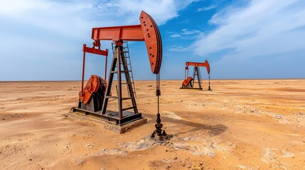 Fototapeta premium Rusty Oil Pumps in Arid Desert Landscape Under Blue Sky