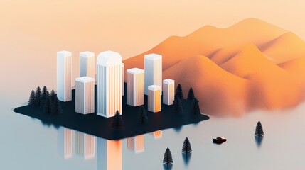 wildfire and  architecture concept. A serene cityscape surrounded by mountains and water reflections.