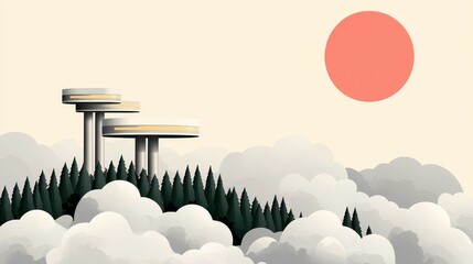 wildfire and  architecture concept. Surreal landscape with modern structures amidst clouds and a large sun.