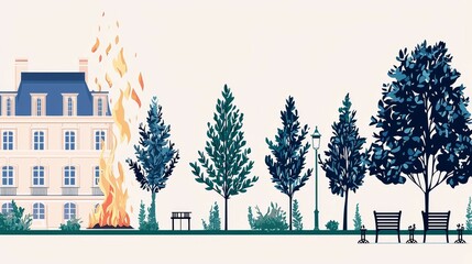 wildfire and  architecture concept. Illustration of a park with trees and a stylized flame beside a building.