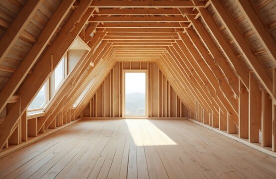 Spacious unfinished attic under construction. Exposed wooden beams, framework. Open space, natural light through window. Interior conversion renovation project. Home improvement, house building,