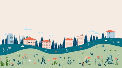 wildfire and  architecture concept. Illustration of buildings and nature in a whimsical landscape.