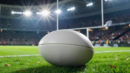 Rugby ball on the grass field in a stadium during a night match   - Powered by Adobe