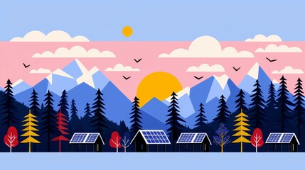 wildfire and  architecture concept. Colorful landscape with mountains, trees, and solar panels under a bright sky.