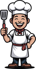 Happy cartoon chef mascot holding spatula, professional kitchen character illustration in uniform for cooking logos or branding