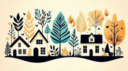 wildfire and  architecture concept. Colorful houses surrounded by stylized trees and leaves.