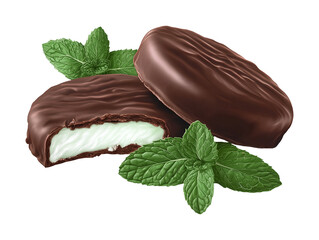 Chocolate mint patties with fresh mint leaves isolated on transparent or white background, png