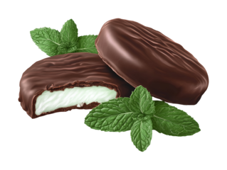 Chocolate mint patties with fresh mint leaves isolated on transparent or white background, png