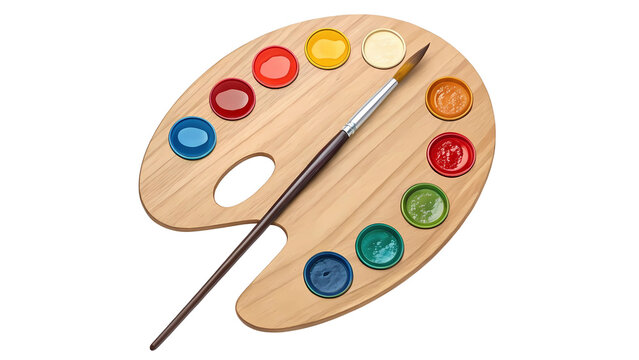 Wooden artist palette with paint and brush