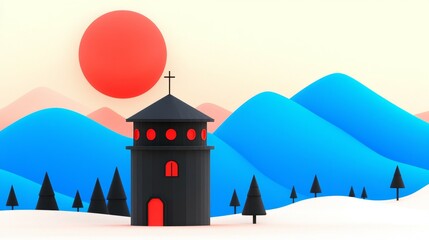 wildfire and  architecture concept. Colorful landscape with a church under a large sun and mountains.