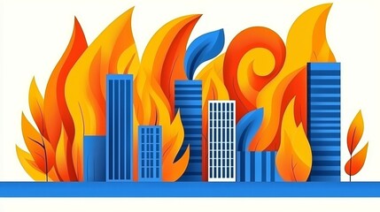 wildfire and  architecture concept. Colorful city skyline with abstract flames and leaves in a vibrant design.