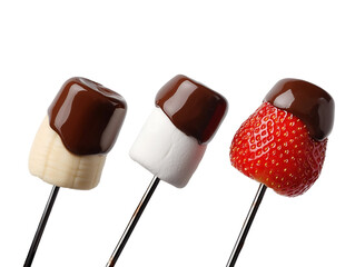 Chocolate fondue skewers with fruit and marshmallow isolated on transparent or white background, png