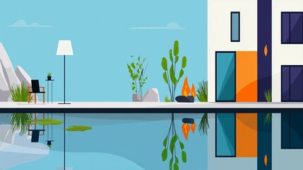 wildfire and  architecture concept. Modern illustration of a serene outdoor pool scene with plants and reflections.