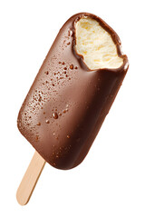 Chocolate covered ice cream bar with bite isolated on transparent or white background, png