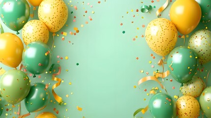 Festive green and gold balloons accented with confetti and ribbons, ideal for celebrations