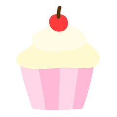 pink cupcake with cherry vector illustration. Cupckae flat icon.
