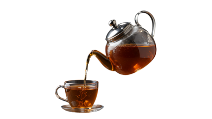 Floral teapot pouring tea into a cup