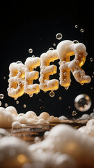 The beer liquid and foam form a word of "Beer" at the bubbles background.