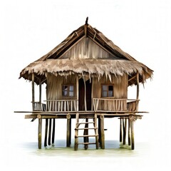 an AI Image Generator, Tropical Stilt House Over Calm Water