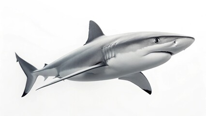 Fototapeta premium A majestic Great White Shark is captured in a powerful, dynamic pose, swimming gracefully through clear blue water on a stark white background, showcasing its formidable presence