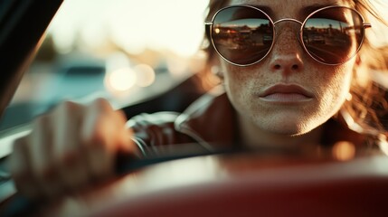 A candid close-up of a determined driver wearing stylish sunglasses, gripping the steering wheel of a classic car, radiating confidence and an adventurous spirit on the open road.