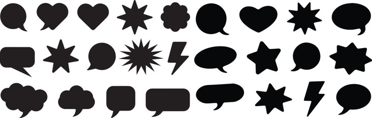 Speech and thought bubble collection with silhouette boxes,  cloud silhouettes, and themed outlines of stars, hearts, and thunderbolts.