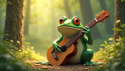 Obraz premium Cute green frog playing acoustic guitar in forest. Wildlife amphibian musician, musical instrument, nature background, creative cartoon animal with big eyes. Fantasy theme, whimsical art.