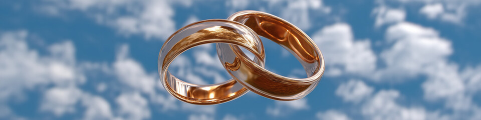 Two gold wedding rings are flying in the sky. The sky is blue and cloudy. The rings are the main focus of the image